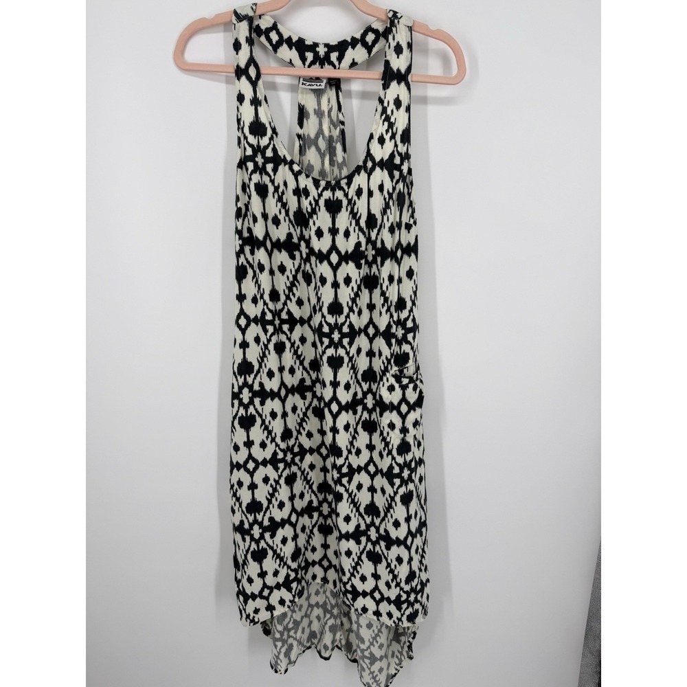 KAVU Jocelyn Ikat Dress M Black Ivory Racerback High Low Midi Tank Pocket Beach - Picture 2 of 10